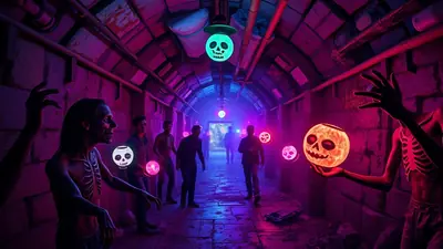 A group of people in a dimly lit, spooky tunnel decorated with glowing skull-shaped lanterns. Some figures appear to be zombies or skeletons, adding to the Halloween atmosphere.