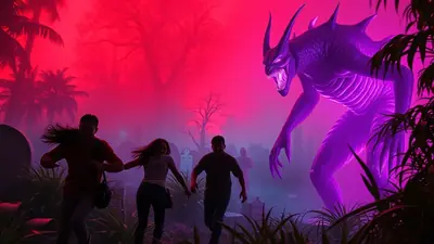 A group of people are running away from a giant purple monster in a graveyard with a red sky.