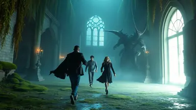 Three people, two men and a woman, are running away from a large, dark, monstrous creature in a dimly lit, gothic hall with large windows and overgrown moss.