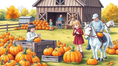 A group of children and adults are gathered around a large pile of pumpkins in front of a rustic wooden barn, with some children riding a pony. The scene evokes a festive autumn atmosphere, likely a pumpkin patch or harvest festival.
