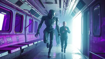 A terrifying alien creature with sharp claws and teeth chases a man through a dimly lit subway car with purple lighting and graffiti on the walls.