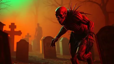 A terrifying zombie with glowing red eyes and sharp teeth lunges forward in a foggy graveyard at night, illuminated by eerie green and orange lights, with tombstones and silhouetted figures in the background.