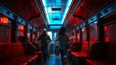 People running down a subway car with red and blue neon lights, creating a dramatic and slightly unsettling atmosphere.