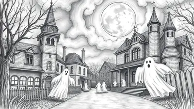 A pencil sketch of a haunted street scene on Halloween night, with several Victorian-style houses and multiple friendly ghosts floating around under a large full moon.