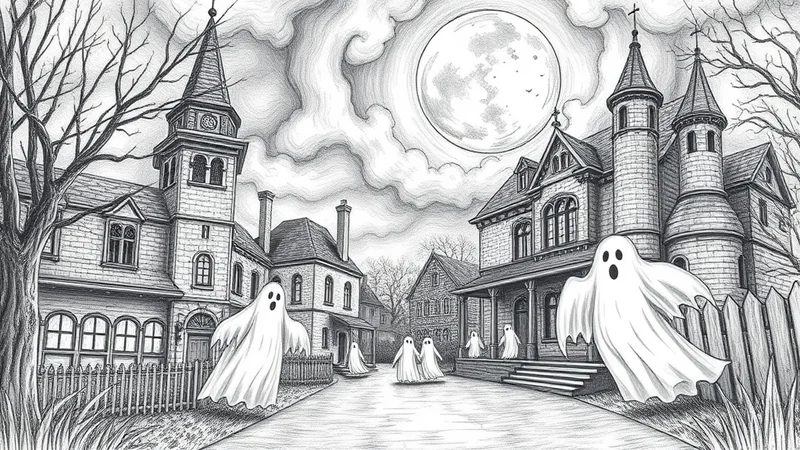 A pencil sketch of a haunted street scene on Halloween night, with several Victorian-style houses and multiple friendly ghosts floating around under a large full moon.
