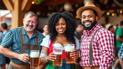 Three smiling people, two men and one woman, dressed in traditional Bavarian attire and holding large glasses of beer, appear to be celebrating at an outdoor festival.