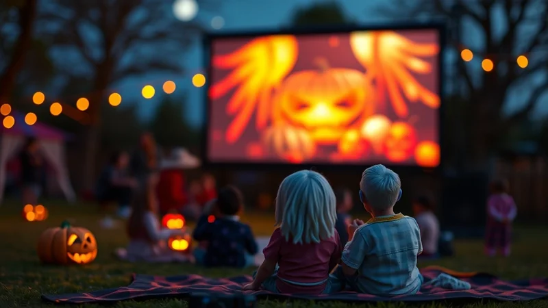Two children sit on a blanket in the foreground, facing away from the camera, watching a large outdoor movie screen displaying a spooky jack-o'-lantern. The scene is set at dusk, with string lights illuminating the background where other people are gathered, and a carved pumpkin sits on the grass to the left.