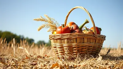 A woven basket filled with pumpkins, gourds, and wheat stalks sits in a dry, harvested field under a clear blue sky.