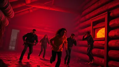 A group of five people are running away from a fire inside a log cabin, illuminated by a dramatic red light. The mood is tense and urgent as they flee the dangerous situation.