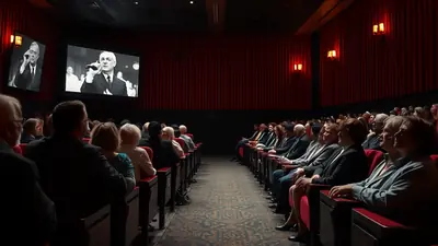 A diverse audience sits in a dimly lit theater, facing a large screen displaying a black and white image of a man speaking into a microphone. The theater has red velvet curtains and wall coverings, with sconces providing soft lighting.