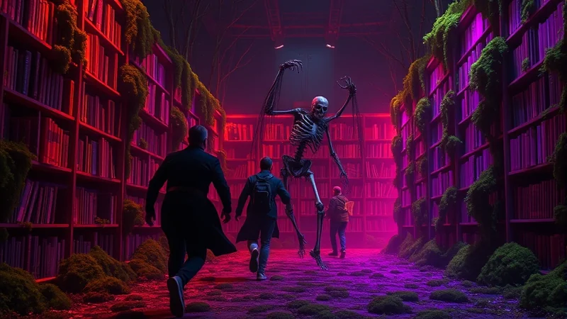 A giant skeleton puppet looms over three people in a dimly lit library with glowing pink and red lights, surrounded by overgrown bookshelves.