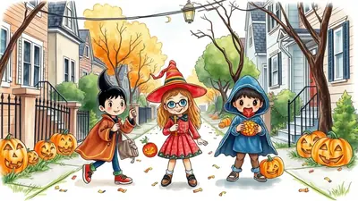 Three children in Halloween costumes walk down a suburban street lined with houses and pumpkins. The child on the left wears a black pointed hat and an orange coat, the child in the middle is dressed as a witch with a red hat and glasses, and the child on the right wears a blue hooded cloak and holds a pumpkin.