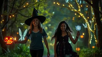 Two young women in Halloween costumes walk down a path lined with glowing string lights and jack-o'-lanterns. The woman on the left wears a witch hat and holds a jack-o'-lantern, while the woman on the right holds a glowing wand.