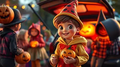 A group of children in Halloween costumes are gathered around a car trunk, holding jack-o'-lanterns and candy buckets. The child in the foreground wears a witch hat and a yellow hoodie, smiling and holding a small pumpkin.