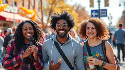 Three friends, two Black women and one Black man, are smiling and posing for a photo on a sunny street. The woman on the left holds a microphone, the man in the middle holds a snack, and the woman on the right holds a drink.