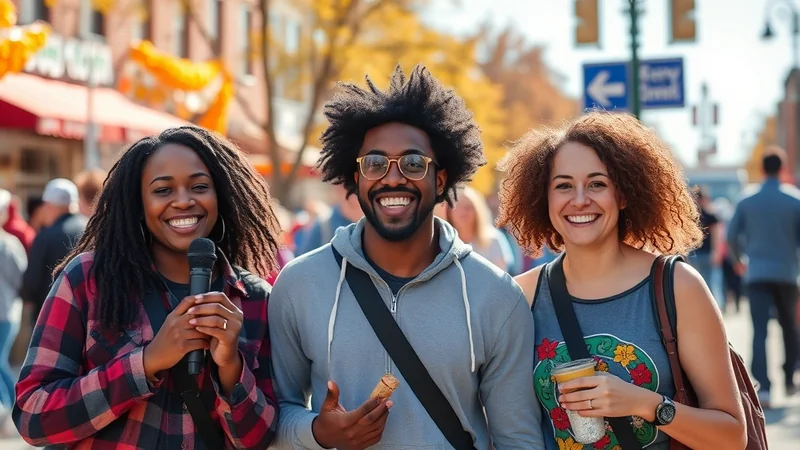 Three friends, two Black women and one Black man, are smiling and posing for a photo on a sunny street. The woman on the left holds a microphone, the man in the middle holds a snack, and the woman on the right holds a drink.