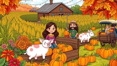 A cheerful autumn farm scene with a girl, a farmer, and two pigs amidst a pumpkin patch and cornfield, with a barn in the background.