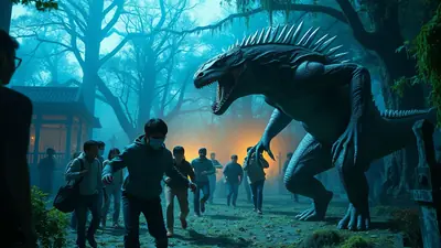 A group of people are running away from a large, menacing dinosaur in a foggy, dimly lit forest with ancient trees and a small building in the background.