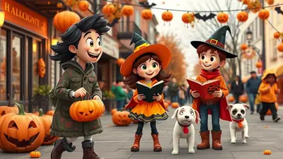 Three cartoon children in Halloween costumes, two holding books and one carrying a pumpkin, walk with two dogs down a street decorated with pumpkins and bat cutouts.