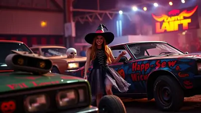 A young woman in a witch costume stands next to a car decorated with Halloween themes, including pumpkins and the words "Happ-Sew Wick".