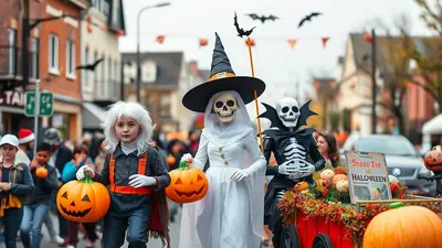 A group of people in Halloween costumes, including a child with white hair holding a pumpkin, a person in a skeleton costume with a witch hat, and another person in a skeleton costume, walk down a street decorated for Halloween.