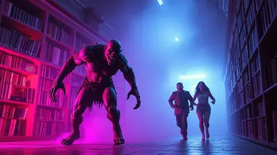 A terrifying, muscular monster with sharp teeth and claws lunges forward in a dimly lit library, illuminated by pink and blue neon lights. Two people, a man in a suit and a woman in a tank top and shorts, are running away from the creature down the aisle between bookshelves.
