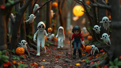 A group of playful ghosts and two children in costumes walk through a spooky forest path during Halloween, with pumpkins and a large full moon in the background.