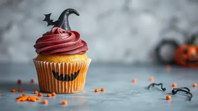 A Halloween cupcake with dark red frosting, a black witch hat, and a jack-o-lantern face on the wrapper, sits on a table with scattered orange candies and black curly decorations.