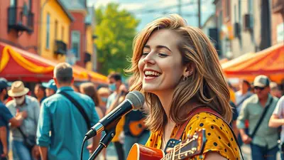 A young woman with blonde hair is singing into a microphone while playing an acoustic guitar at an outdoor festival. She is smiling broadly and wearing a yellow polka-dot dress. The background shows a crowd of people and colorful tents.