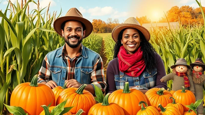 A smiling Black couple in a cornfield at harvest time, surrounded by pumpkins and scarecrows, with a barn and autumn trees in the background.