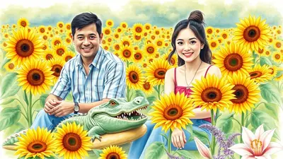 A smiling man and woman sit in a field of sunflowers with a green alligator in front of them. The man wears a blue plaid shirt and the woman wears a pink top. The scene is bright and cheerful.