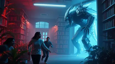 A terrifying, armored alien creature with glowing blue eyes emerges from a bright blue portal in a dimly lit library, while three people in the foreground run away in fear.