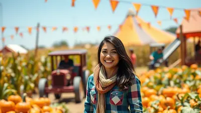 A smiling young woman wearing a plaid shirt and scarf stands in a pumpkin patch with a tractor and tents in the background.