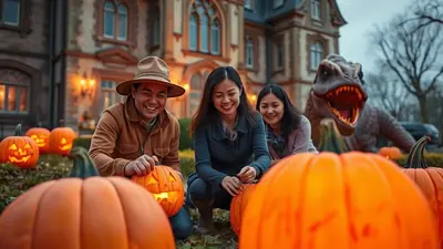 Three smiling people, two women and one man wearing a hat, are gathered around carved pumpkins in front of a large, ornate building. A dinosaur figure with its mouth open is visible in the background, adding a festive and slightly spooky atmosphere.