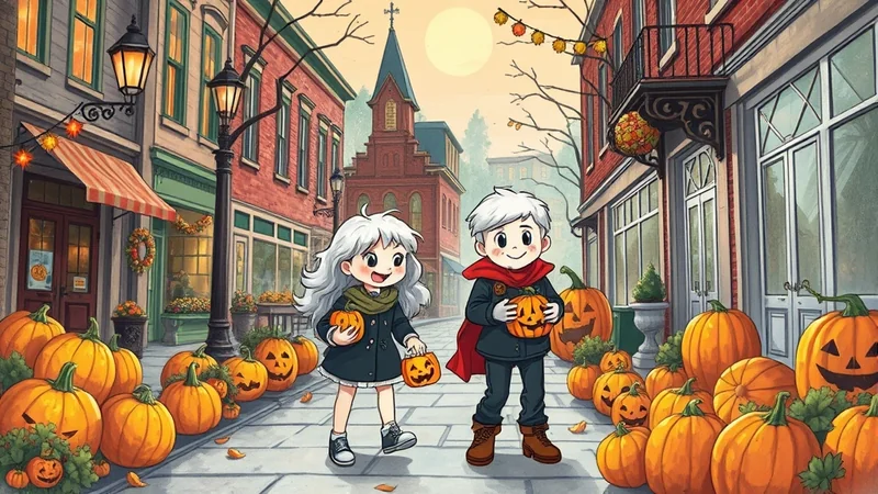 Two children dressed in Halloween costumes, holding jack-o'-lanterns, stand on a street lined with pumpkins and decorated buildings.
