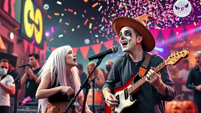 A male and female singer perform on stage at a Halloween concert, with confetti falling and a disco ball overhead. The male singer wears a witch hat and skeleton face paint, playing a guitar, while the female singer has long white hair and sings into a microphone.