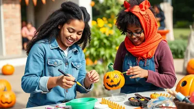 Two young Black girls are happily painting pumpkins outdoors. The girl on the left wears a denim jacket and is painting a pumpkin with a brush. The girl on the right wears a denim overall and an orange scarf, and she is carving a pumpkin with a tool. Both girls are smiling and engaged in their Halloween activity.