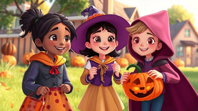 Three cartoon children in Halloween costumes stand in a grassy yard with pumpkins. The child on the left wears a dark jacket and orange hood, the middle child wears a witch's hat and purple and gold dress, and the child on the right wears a pink hooded cape and holds a glowing jack-o'-lantern.