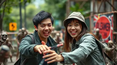 A young Asian couple, dressed in casual jackets and smiling broadly, are reaching out towards the camera as if to take a selfie. They are in a street scene with blurred figures of zombies and a skull in the foreground, suggesting a Halloween or zombie-themed event.