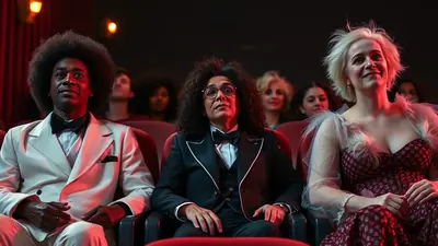 Three people in formal attire are sitting in a movie theater, looking up at the screen with expressions of amusement and anticipation. The person on the left wears a white suit, the person in the middle wears a black tuxedo, and the person on the right wears a patterned dress with a sheer, feathered overlay.