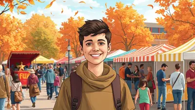 A young boy with dark hair and a wide smile stands in the foreground, wearing a brown hoodie and backpack, at an outdoor autumn festival with colorful tents and trees.