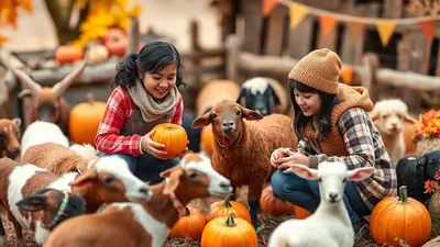 Two young girls in fall clothing interact with goats and sheep amidst pumpkins and autumn decorations, creating a festive farm scene.