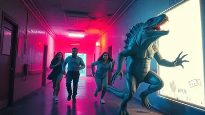 A creature resembling a dinosaur or lizard is reaching out towards a brightly lit screen in a dimly lit hallway, while three people run away from it in fear.