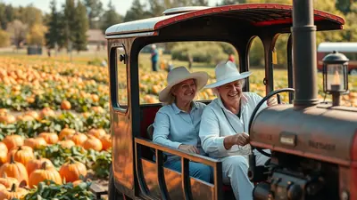 An elderly couple wearing hats rides in a tractor through a pumpkin patch on a sunny day.