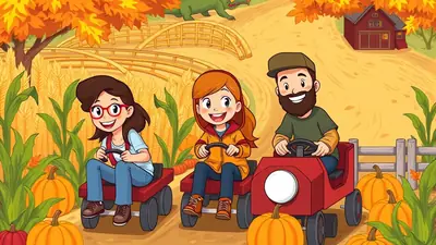 A father and his two daughters are riding in red toy tractors through a pumpkin patch with corn stalks and autumn leaves, heading towards a red barn.