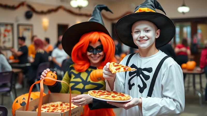 Two children in Halloween costumes, one dressed as a witch with orange hair and a mask, and the other as a skeleton, are holding slices of pizza and smiling at a Halloween party.