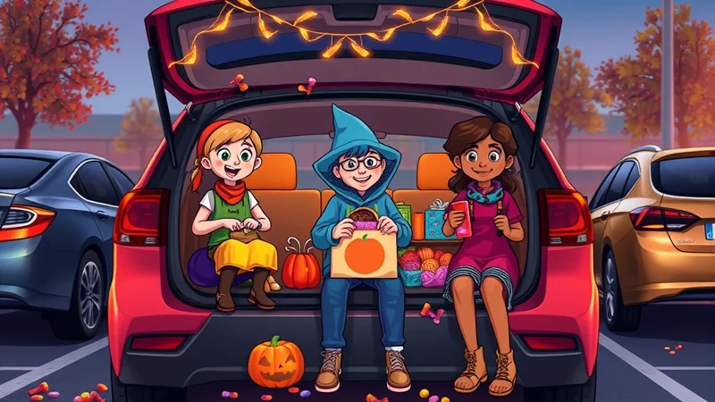 Three children dressed in Halloween costumes are sitting in the open trunk of a car, surrounded by pumpkins and candy, with autumn trees in the background.