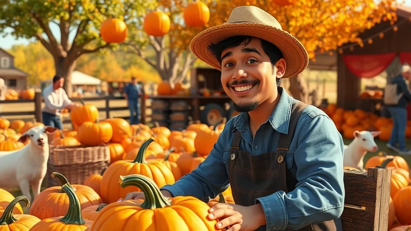 A smiling young farmer wearing a straw hat and denim overalls is surrounded by pumpkins at a farm stand. He is holding a large pumpkin, and in the background, there are more pumpkins, trees with autumn leaves, and a few goats.