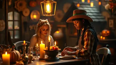 Two young women are sitting at a table in a dimly lit room, possibly for a Halloween celebration. The woman on the left has blonde hair adorned with a flower crown and cat ears, while the woman on the right wears a cowboy hat and is focused on writing or drawing on a piece of paper. The table is set with candles, pumpkins, and a bowl of fruit, creating a warm and festive atmosphere.