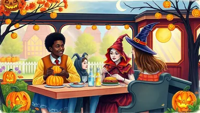 Three people in Halloween costumes are sitting at a table in a train car decorated for Halloween with pumpkins and autumn leaves. A young person in a yellow shirt and orange vest holds two pumpkins, while two others in witch costumes eat. The scene is festive and whimsical.